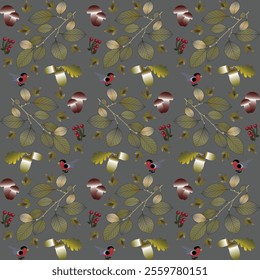 Seamless pattern with branches, oak acorns, mushrooms and berries on gray background. Vector illustration.