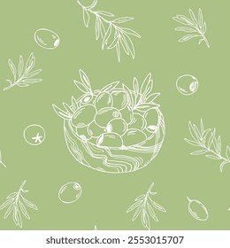 Seamless Pattern with Branches and Olive Fruits in Wooden Bowl on a green background. Graphic art. Hand drawn Vector illustration. Can be used for textile, wallpaper prints and packaging.