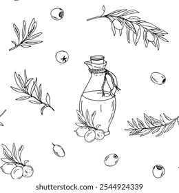 Seamless Pattern with Branches of Olives and Glass Jug with Oil. Ink drawing. Hand drawn Vector Black and white illustration. Can be used for textile, wallpaper prints and packaging.