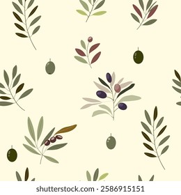 seamless pattern with branches  and olives. vector illustration. Olive branches. For wallpaper, botany pattern, cardboard, packaging 