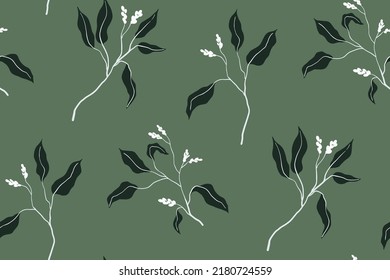 Seamless pattern with branches on a green background. Vintage botanical print with graphics of plants, branches, leaves. Vector illustration.