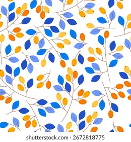 Seamless pattern with branches on white background. Leaves and berries. Geometric shapes. Abstract vector background for posters, flyers, wallpapers, textiles, etc.
