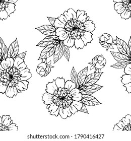 Seamless pattern of branches of peonies on a white background, black and white contour drawing. Vector illustration for announcements, postcards, invitations, posters, banners, fabric, paper.