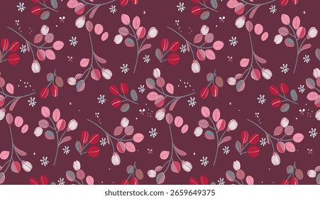 Seamless Pattern Branches With Pink And Red Berries And Subtle White Accents On A Deep Burgundy Background.