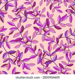 Seamless pattern with branches with purple leaves. Texture for print, fabric, textile, wallpaper. Hand drawn vector. Isolated on white background.