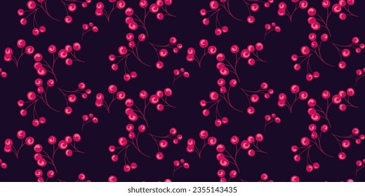 Seamless pattern with branches red berries on a dark background. Juniper, boxwood, viburnum, holly, holi, barberry. Botanical illustration. Vector hand drawn. Template for textile, fashion, print.