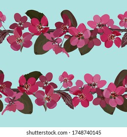 Seamless pattern. Branches of red flowers on a gently blue background.