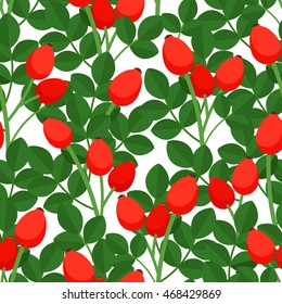 Seamless pattern with branches of red rosehig with green leaves