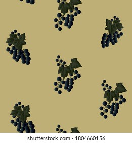 Seamless pattern with branches of ripe black currant and green leaves. 