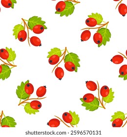 Seamless pattern with branches of ripe hawthorn berries and green leaves on white background