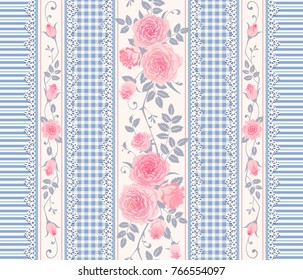 Seamless pattern with branches of roses and laces. Vintage floral background. Can be use as digital paper, fills, print onto fabric.