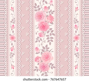 Seamless pattern with branches of roses and laces. Vintage floral background, border. Can be use as digital paper, fills, print onto fabric. Shabby chic style