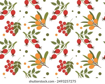 Patrón sin fisuras con ramas de espino amarillo y rosa mosqueta dibujado a mano sobre un fondo blanco. Ilustración botánica de Vector para diseño, impresión, textil, papel de embalaje, fondo