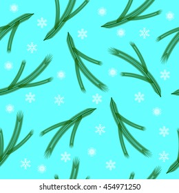 seamless pattern of the branches of spruce and snowflakes on a turquoise background