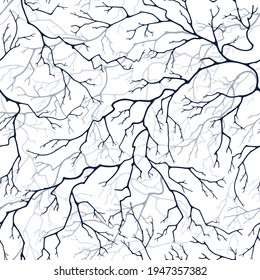 Seamless pattern of branches. Tricolor silhouettes of dry twigs without leaves. Monochrome drawing on an isolated white background.