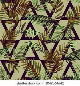 Seamless pattern with branches of tropical palms and triangles