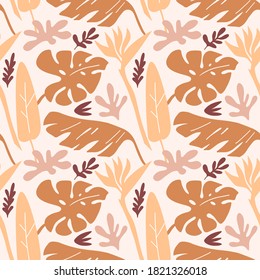 Patrón sin foco con ramas de plantas tropicales hojas de monstera, formas, arcos aislados en el fondo beige. Ilustración vectorial de silueta. Diseño para textil, envoltura, fondo, banner 