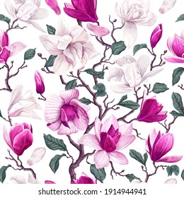 Seamless pattern with branches white and pink magnolia flowers. Highly detailed realistic vector flowers on white background for your design, wallpapers on desktop,  wrapping paper, gift cards