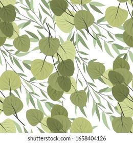 Seamless pattern with branches of a willow and eucalyptus on a white background. Vector illustration in flat style