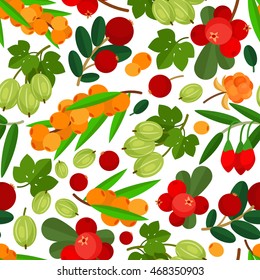 Seamless pattern with branches of yellow sea buckthorn, lingonberries, cranberries and gooseberries