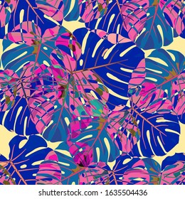 Seamless Pattern with Brasilian Jungle. Trendy Colorful Texture with Tropical Leaves for Paper, Wallpaper, Textile. Vector Tropical Pattern.