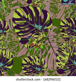Patrón sin foco con selva tropical brasileña. Textura colorida moderna con hojas tropicales para tela, tapicería, lino. Patrón tropical vectorial.
