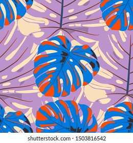 Seamless Pattern with Brasilian Rainforest. Retro Colorful Texture with Tropical Leaves for Dress, Swimwear, Cloth. Vector Tropical Pattern.