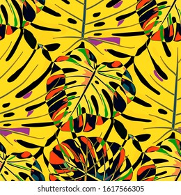 Seamless Pattern with Brasilian Rainforest. Retro Colorful Texture with Tropical Leaves for Print, Textile, Underwear. Vector Tropical Pattern.