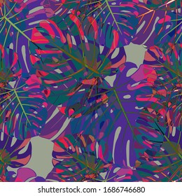  Patrón sin foco con selva tropical brasileña. Textura retro colorida con hojas tropicales para papel, tapicería, textil. Patrón tropical vectorial.