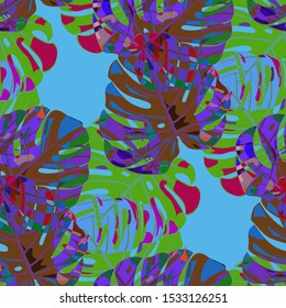 Seamless Pattern with Brasilian Rainforest. Trendy Colorful Texture with Tropical Leaves for Paper, Swimwear, Textile. Vector Tropical Pattern.