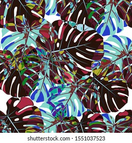 Seamless Pattern with Brasilian Rainforest. Trendy Colorful Texture with Tropical Leaves for Print, Swimwear, Underwear. Vector Tropical Pattern.