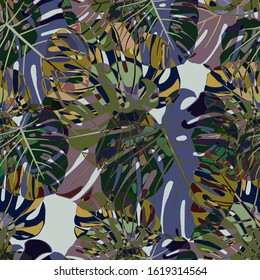 Seamless Pattern with Brasilian Rainforest. Vintage Colorful Texture with Tropical Leaves for Print, Textile, Linen. Vector Tropical Pattern.