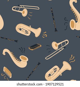 Patrón sin soldadura con instrumentos de latón, tubo o trompeta, saxofón, tubería o flauta, trombona y armónica sobre fondo azul oscuro. Día de la Música. Juego de instrumentos musicales vectoriales. Elementos Doodle.