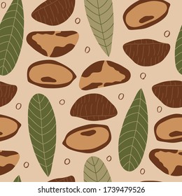 Nahtloses Muster mit Paranüssen und Blättern. Gesunde Ernährung Moderner Hintergrund für Verpackungen, Anzeigen, Etiketten und andere Designs. Vector handgezeichnete Abbildung.