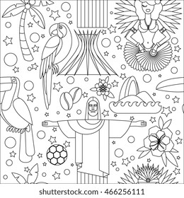 Seamless pattern with Brazil symbols. Illustration with main country attractions and sights. Flat style. For paper, textile design, fabric. 