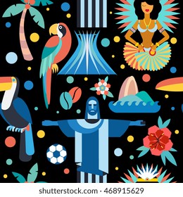 Seamless pattern with Brazil symbols. Illustration with main country attractions and sights. Flat style. For paper, textile design, fabric. 
