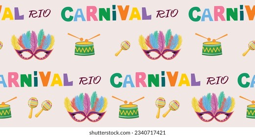 Seamless pattern for Brazilian carnival with maracas, masks and drums. For textile, wrapping paper, packaging and backgrounds. 
