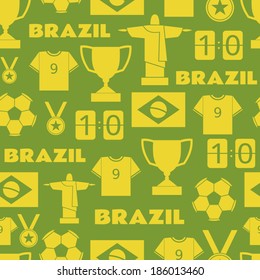 Seamless pattern with Brazilian football symbols in green and yellow.