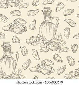Seamless pattern with brazilian nu and bottle of brazilian nut oil. Vector hand drawn illustration