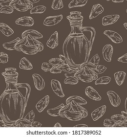 Seamless pattern with brazilian nu and bottle of brazilian nut oil. Vector hand drawn illustration