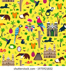 Seamless pattern Brazilian wild animals, plant, decorative landmark, cute symbols, vector illustration isolated on colorful backround, South America fauna, exotic backdrop for design wallpaper