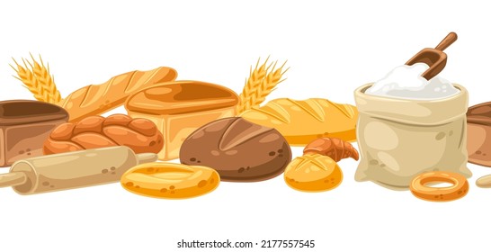 Seamless pattern with bread all for baking. Image for bakeries and groceries. Healthy food.