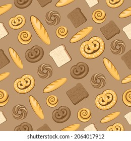 Seamless pattern with bread, baguettes, cinnamon rolls, pretzels, toasts. Background and bread and rolls on a craft substrate. Vector stock background