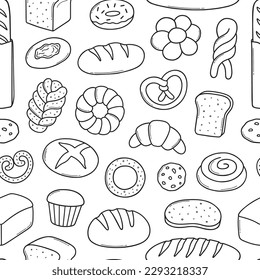 Seamless pattern of bread and bakery doodle set. Bagel, croissant, baguette, bun, cookie, donut, sliced bread in sketch style. Hand drawn vector illustration