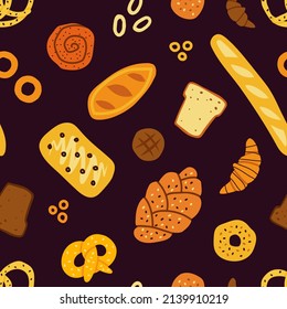 Seamless pattern of bread and bakery products on a dark background. Baked goods background. Hand drawn fresh bakery pattern. Vector illustration.
