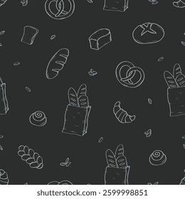 Seamless pattern Bread and bakery products. Background of baking doodle icons.