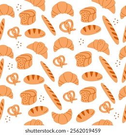 Seamless pattern bread croissant baguette pastries hand drawn