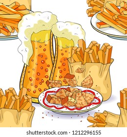 seamless pattern bread croutons and bubbles  beer french fries  vector illustration