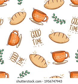 seamless pattern of bread and a cup of coffee with doodle style