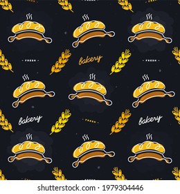 Seamless pattern with bread, an ear of wheat and a rolling pin for rolling out the dough on a black background, for design of packaging, textiles 